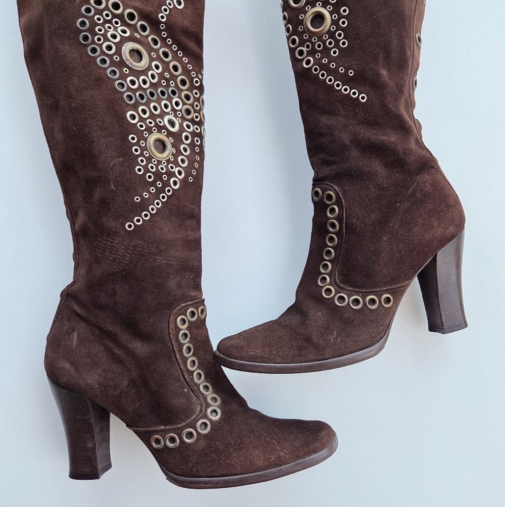 Dolce & Gabbana Brown Suede Butterfly Rivet Heeled Boots Size 39 - Picture 3 of 16